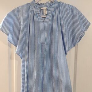 H&M Blue & White Striped Flutter Sleeve Dress